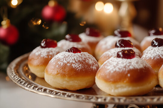 A tray of powdered donuts with red jelly on top