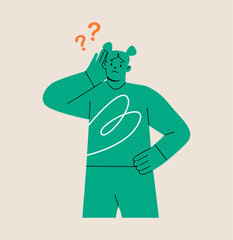 Surprised woman hold hand near ear listening. Secrecy concept. Colorful vector illustration