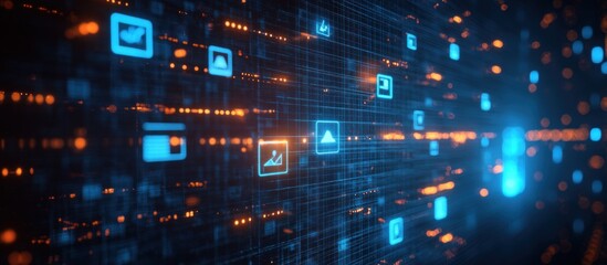 Fototapeta premium Abstract digital background with blue and orange glowing squares and lines with icons of a cloud, credit card, photo, a graph, and a file.