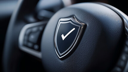 Close-up of a car steering wheel with a secure shield emblem, black leather texture, and verified symbol.