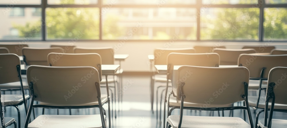 Poster empty classroom with chairs and desks in rows, bathed in warm sunlight from large windows.,