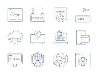 Internet icons. Thin Line style, editable stroke. router, smart tv, vpn, smartphone, browser, cloud, domain, earth, www
