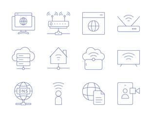 Internet icons. Thin Line style, editable stroke. router, smart home, smart tv, user, video call, browser, cloud server, cloud storage, dns, document