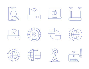 Internet icons. Thin Line style, editable stroke. router, speedometer, web, wifi, wifi router, world, browsing, bug, communications, computer, earth, electric tower