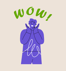 Amazed man show wow gesture amazed. Colorful vector illustration