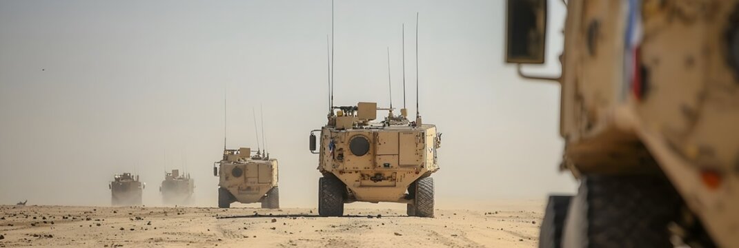 Rows of formidable armored personnel carriers lined up in a highly secured military compound signifying the preparedness and defensive capabilities of the armed forces
