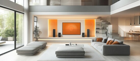 Modern living room with large flat-screen TV, grey sofa, coffee table, and floor lamps.