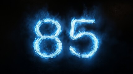 Glowing ethereal blue neon number 85 on a dark smoky background, ideal for digital or print design.