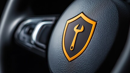 Close-up of a steering wheel emblem featuring a wrench in a shield design, ideal for automotive themes.