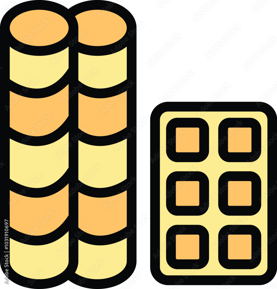 Poster simple colorful vector icon of round waffle sticks standing next to a square waffle icon