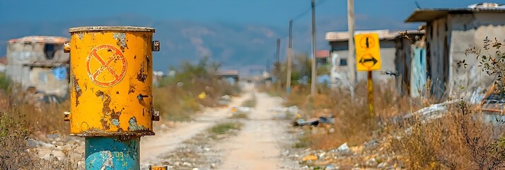 Rugged dirt road winding through a remote rural landscape with prominent warning signs indicating the presence of landmines or other explosive hazards along the path