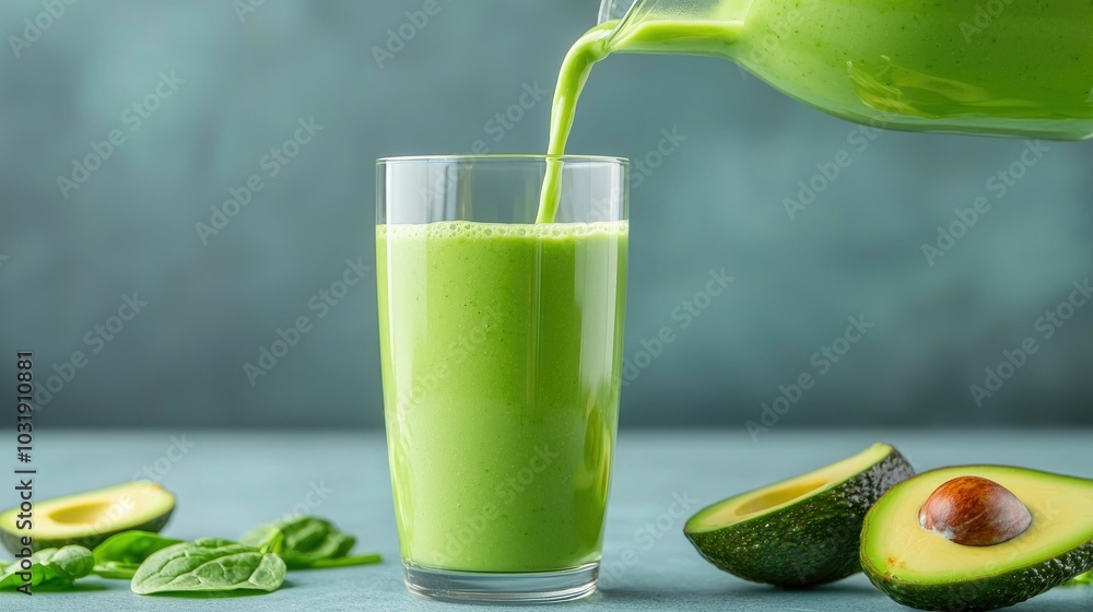 Wall mural green smoothie being poured into a glass with avocado and spinach on a blue background.