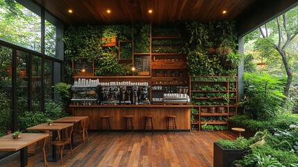 Fototapeta premium Eco-Friendly Coffee Shop with Lush Greenery