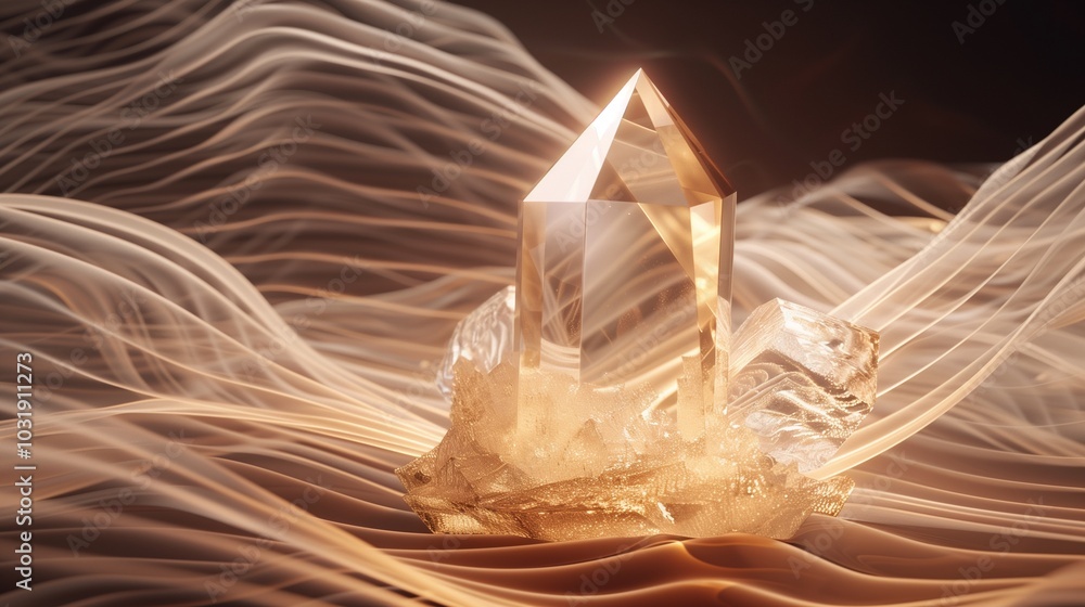 Poster an isolated crystal shape set against a background of abstract, flowing lines.