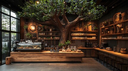 Obraz premium Central Tree with Natural Wood Interior Design