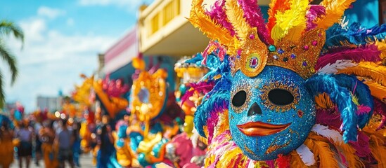 A colorful, ornate mask is the centerpiece of a vibrant carnival parade, with a crowd of people enjoying the festive atmosphere.