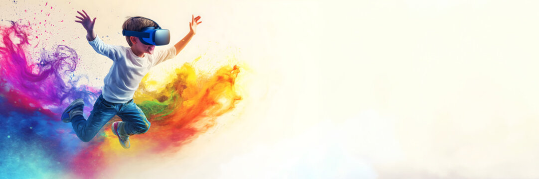 young boy wearing a virtual reality headset, mid-jump, immersed in a world of colorful digital and augmented reality.