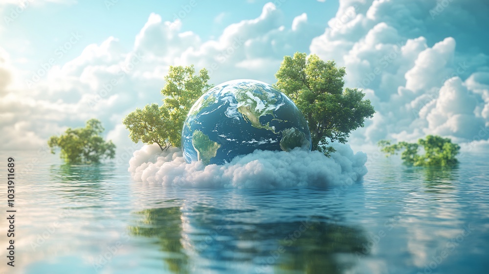 Aufkleber conceptual ai illustration of earth floating in a clear water droplet with clouds and trees around i