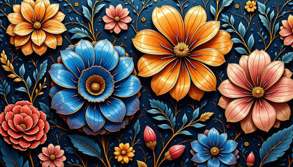 A colorful floral design with a blue background