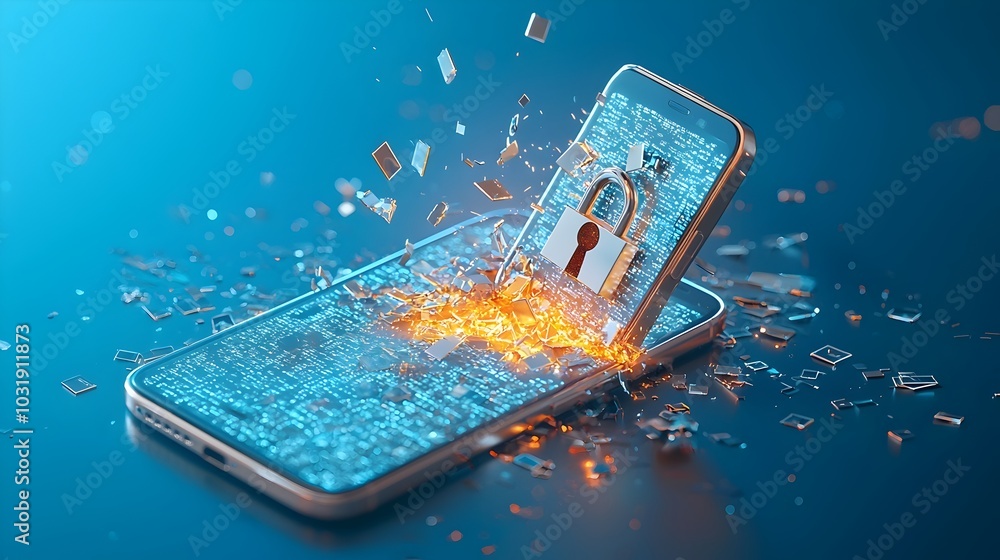 Poster shattered padlock icon on a smartphone screen symbolizing a data leak or cybersecurity breach