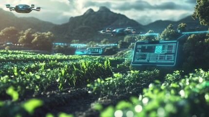 Drones flying over a field with a tablet displaying data, showing modern agriculture technology.