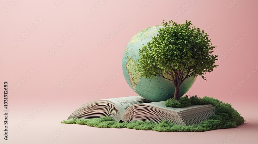 Poster contemporary 3d rendering for world book day showcasing an open book with a detailed globe and minim