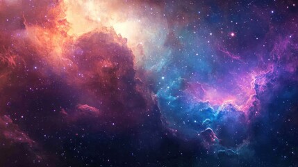 Fototapeta premium A vibrant nebula with swirling colors of pink, blue, and orange with scattered stars in a deep space background.