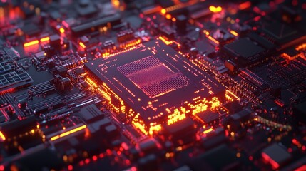 A close-up of a glowing CPU chip on a circuit board, with red and orange lighting.