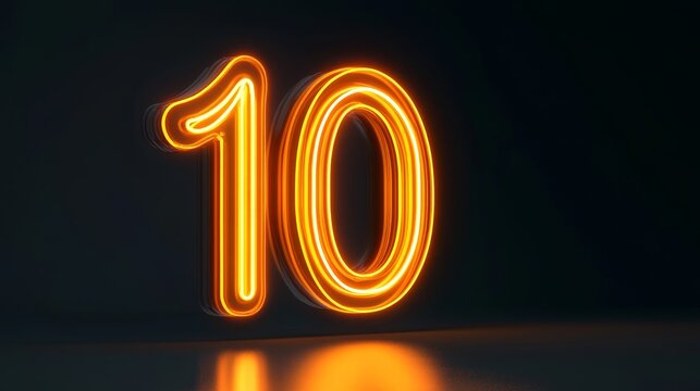 Glowing Neon Sign of the Number 10 on a Dark Background with Reflections. High-Quality 3D Rendering.