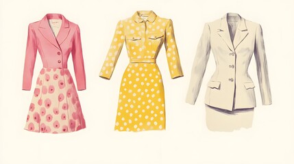 Obraz premium Vintage illustration of women's outfits from the 1960s, featuring pink and yellow colors