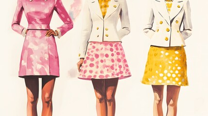 Obraz premium Vintage illustration of women's outfits from the 1960s, featuring pink and yellow colors