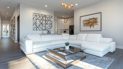 A modern living room with a white sectional sofa, a glass coffee table, a rug, and a large painting on the wall.