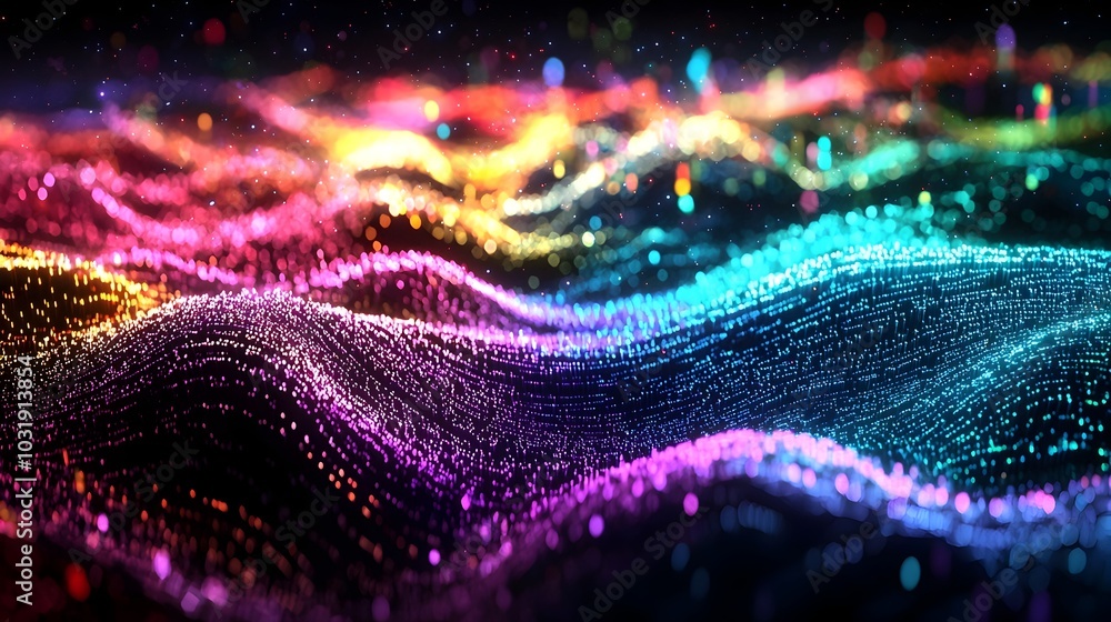 Poster futuristic quantum internet data exchange visualized as colorful light waves in a digital landscape