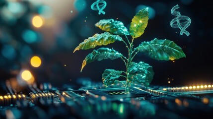 A young plant sprouts from a computer circuit board, glowing with light and surrounded by DNA symbols.