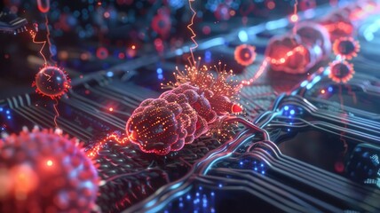 Futuristic nanotechnology and biochemistry visualization with nano circuits and virus structures