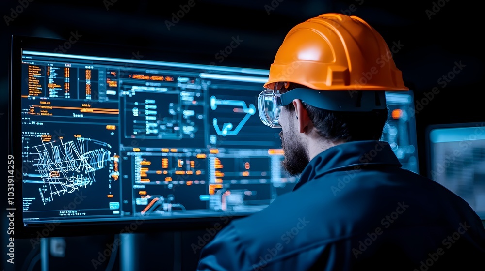 Poster sophisticated control room with digital monitors and dashboards overseeing the complex processes of 