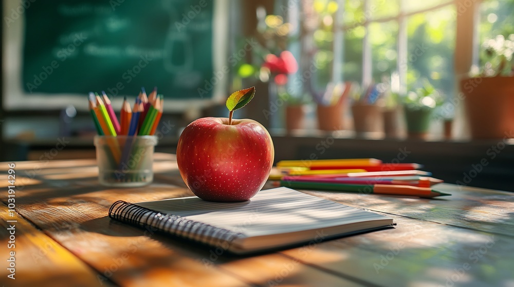 Poster cozy classroom desk setup featuring an apple resting on a lined notebook surrounded by neatly arrang