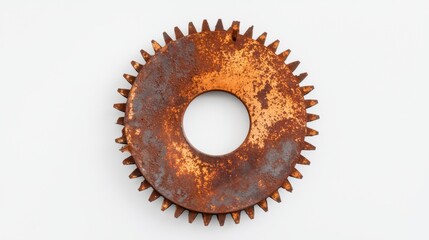 A single metal cogwheel with visible wear and scratches, isolated on a clean white surface