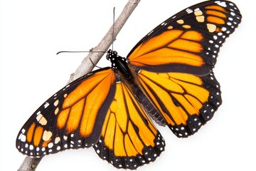 A single monarch butterfly perched on a twig, its orange wings vivid against the white background