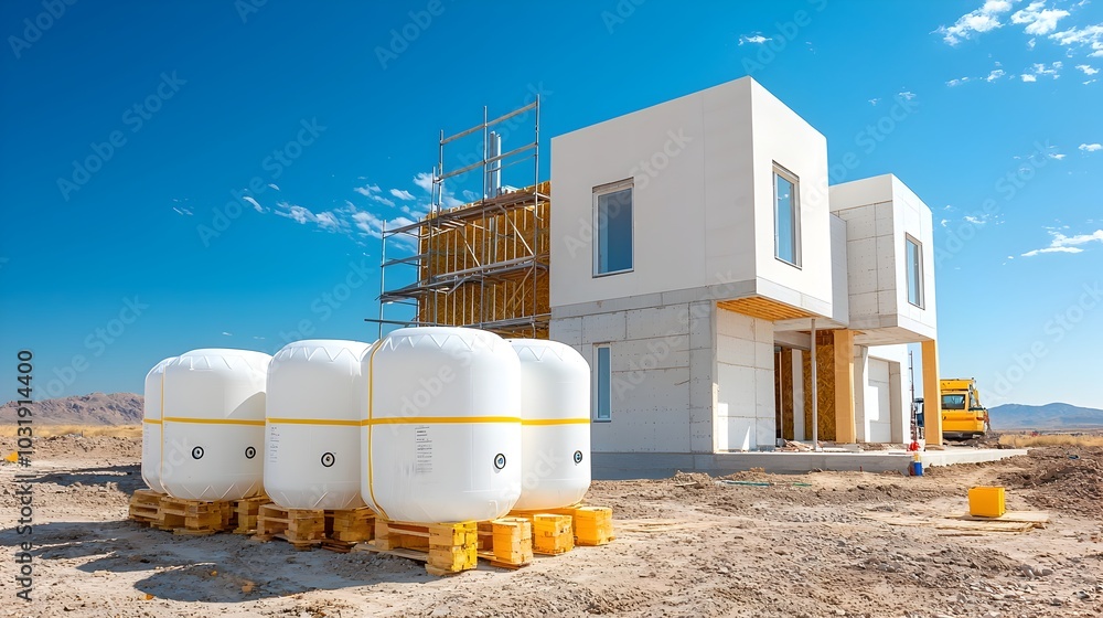 Poster stacked modular rainwater storage tanks situated adjacent to newly built home showcasing modern eco 