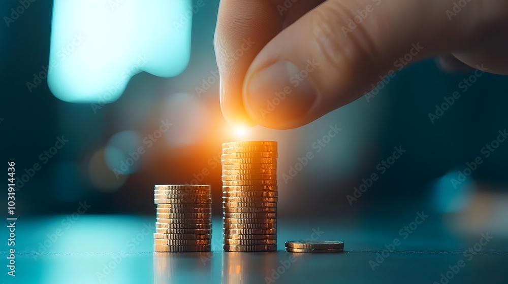 Poster Stacks of coins forming a staircase representing the concept of financial growth success and increasing wealth  The image conveys a sense of progress savings and prosperity