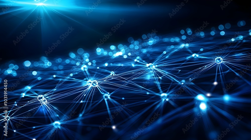 Poster quantum powered financial network visualized with interconnected nodes and luminous beams