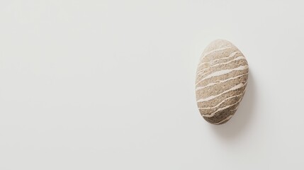 A single pebble with intricate markings, softly resting on a white background