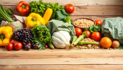 Healthy food background. Fresh vegetables, fruits, beans and lentils on wooden table. Vegetarian and vegan food. Healthy eating concept. Long format isolated with white highlights, png