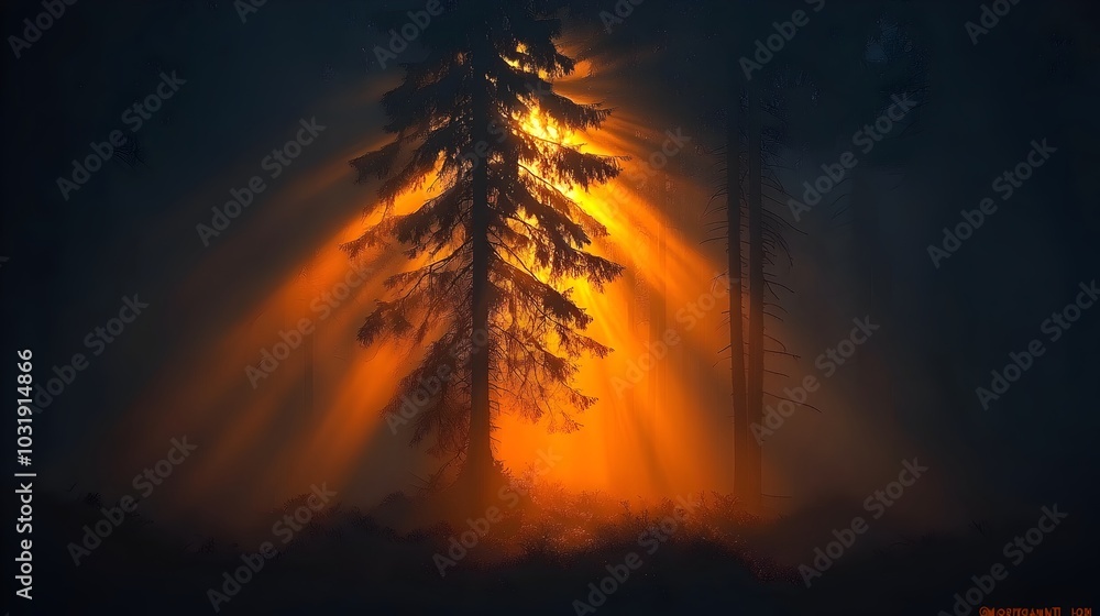 Poster stunning sunrise illuminating a mysterious misty forest landscape with a glimmer of hope and light e