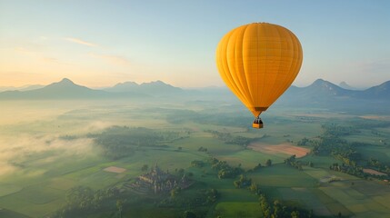 Naklejka premium Stunning aerial perspective captured from inside the wicker basket of a hot air balloon revealing a sweeping panoramic view of the distant countryside and natural landscapes below