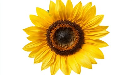 Fototapeta premium A single sunflower head, with vibrant yellow petals and a detailed brown center, isolated against a white background