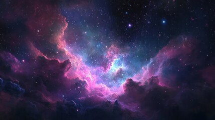 Naklejka premium A vibrant nebula with pink and blue hues, filled with countless stars against a dark space background.