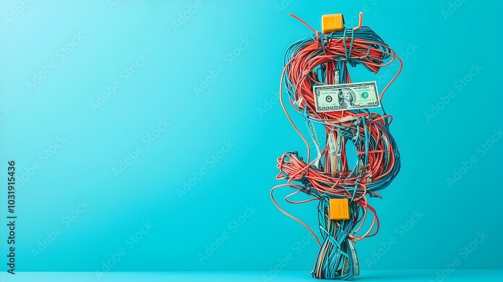 Poster Tangled Cables Forming a Dollar Sign Symbolizing the Financial and Challenges Faced by Businesses in a Complex Technology Driven Environment