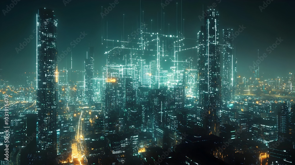 Poster a futuristic cityscape illuminated by a dynamic smart grid energy distribution system